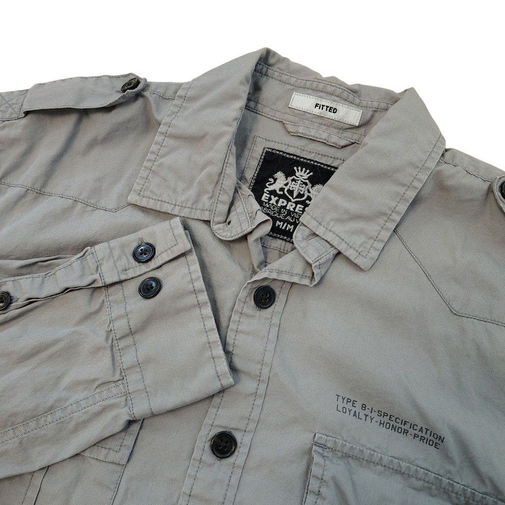 Express Men's Shirt Medium‎ Gray Fitted Button Up Long Sleeve Military